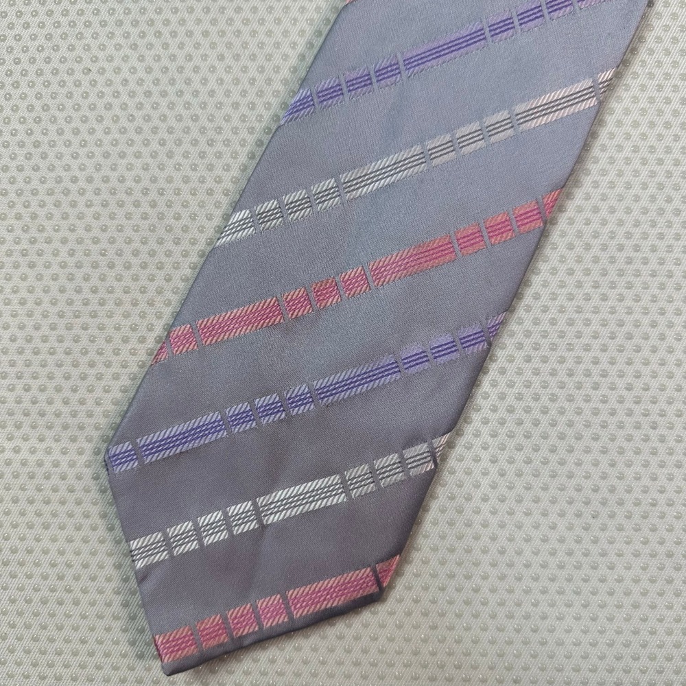 J Garcia Silk Necktie Mens One Size Grey Purple Pink Geometric Striped Excellent